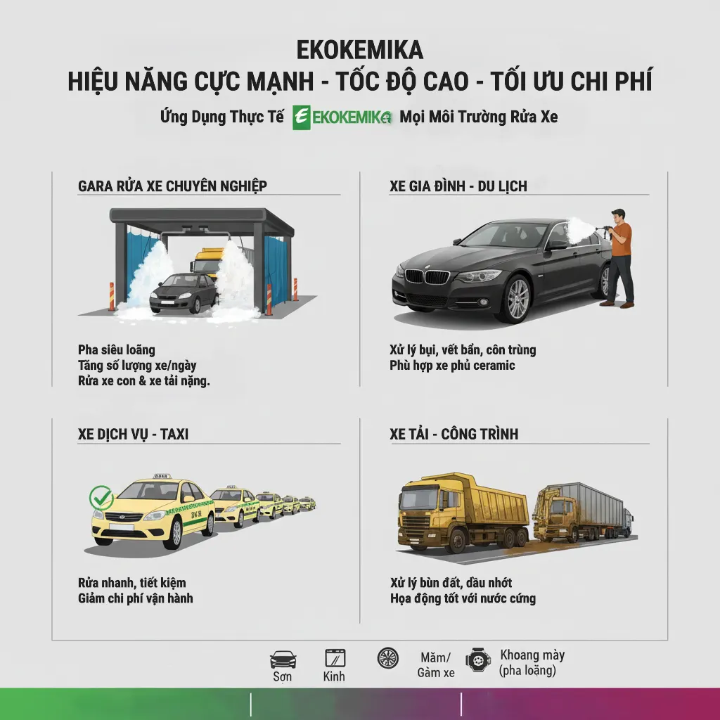 ứng dụng thực tế của các dòng sản phẩm dung dịch rửa xe của thương hiệu ekokemika