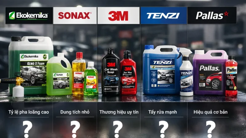 So sánh các dung dịch rửa xe cho garage: Ekokemika, Sonax, 3M, Pallas, Tenzi